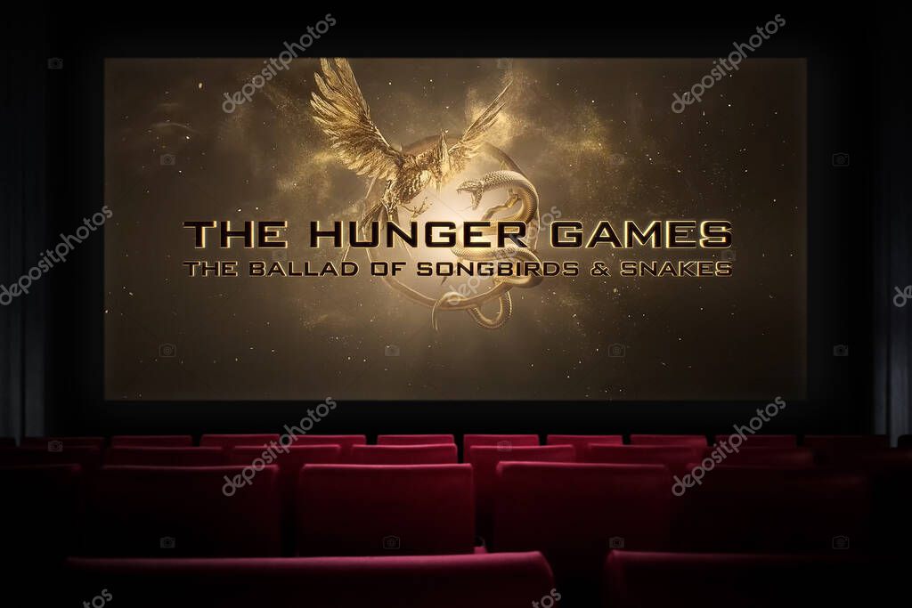 The Hunger Games The Ballad of Songbirds and Snakes movie in the cinema. Watching a movie in the cinema. Astana, Kazakhstan - September 8, 2023.