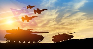 Silhouettes of army tanks and fight planes on background of sunset with a transparent waving Israel flag. Military machinery. Independence day. clipart