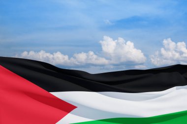 Mavi gökyüzünün arka planında Filistin bayrağı. Vatanseverlik kavramı. Metin için yeri olan pankart.