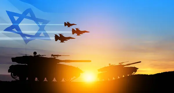 Silhuetter Armé Tankar Och Bekämpa Flygplan Bakgrunden Solnedgången Med Transparent — Stockfoto