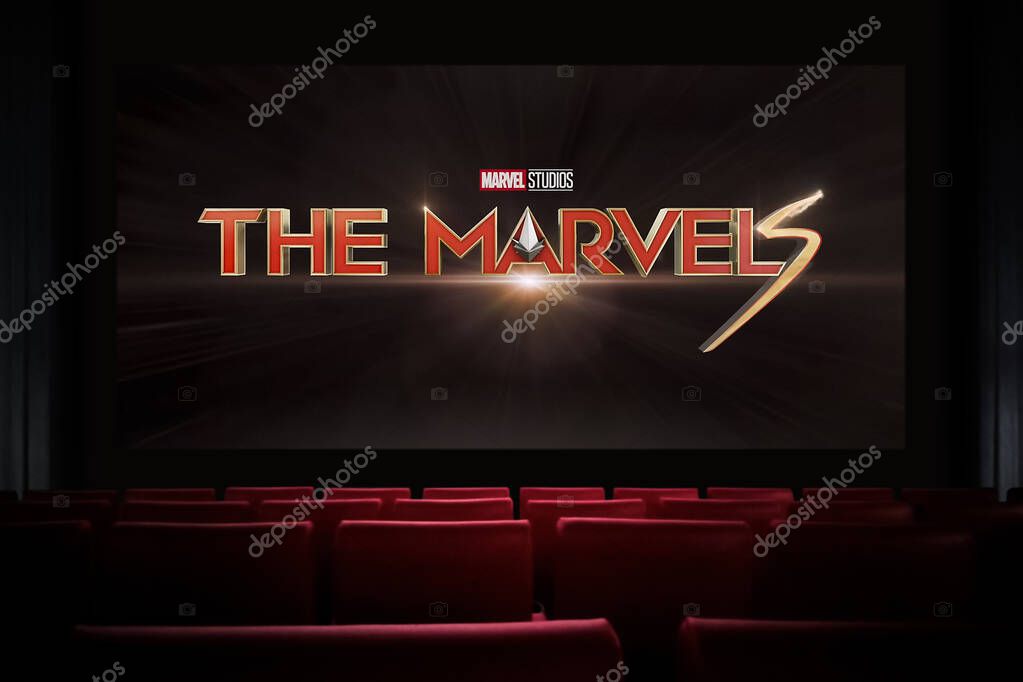 The Marvels movie in the cinema. Watching a movie in the cinema. Astana, Kazakhstan - October 21, 2023.