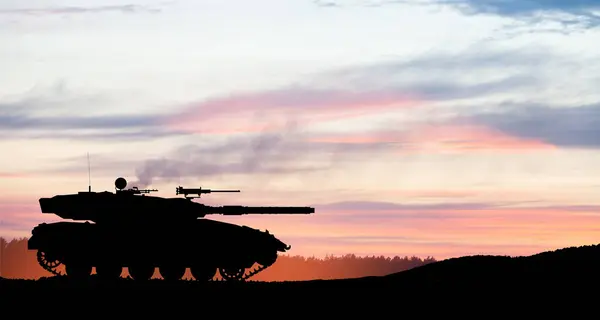 stock image Silhouette of army tank at sunset sky background. Military machinery.