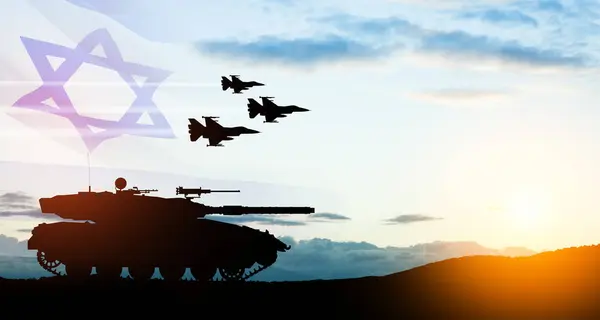 Silhouettes of army tank and fight planes on background of sunset with a transparent waving Israel flag. Military machinery. Independence day.