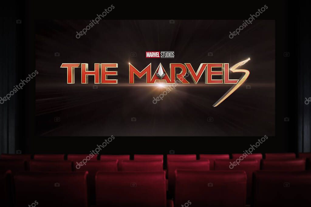 The Marvels movie in the cinema. Watching a movie in the cinema. Astana, Kazakhstan - October 21, 2023.