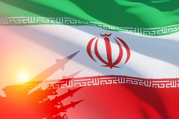 Die Raketen Zielen Auf Den Hintergrund Der Iranischen Flagge Bombe — Stockfoto