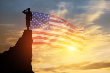 USA army soldier saluting on a background of sunset or sunrise and USA flag. Greeting card for Veterans Day, Memorial Day, Independence Day. America celebration. 3D-rendering.
