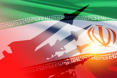 Füzelerin hedefi İran bayrağının arka planı. Bomba, kimyasal silahlar, füze savunması, yaylım ateşi sistemi..