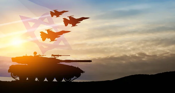 Silhuetter Armé Tank Och Bekämpa Flygplan Bakgrunden Solnedgången Med Transparent — Stockfoto