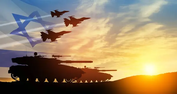Silhouettes of army tanks and fight planes on background of sunset with a transparent waving Israel flag. Military machinery. Independence day.