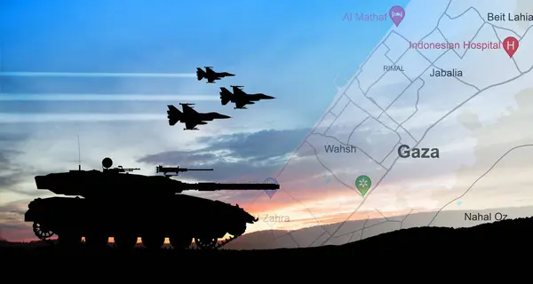 Silhouettes of army tank and fight planes on background of sunset with map of Gaza. Israeli ground operation in Gaza.