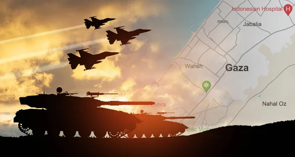 Silhouettes of army tanks and fight planes on background of sunset with map of Gaza. Israeli ground operation in Gaza.