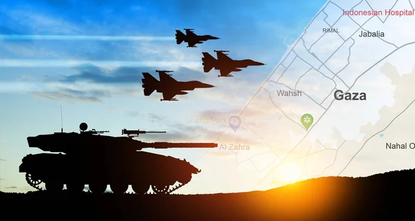 Silhouettes of army tank and fight planes on background of sunset with map of Gaza. Israeli ground operation in Gaza.
