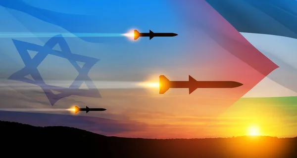 Confrontation between Palestine and Israel. Fired missiles fly to the target. Missiles at the sky at sunset with Palestine flag and Israel flag. Missile defense, a system of salvo fire.