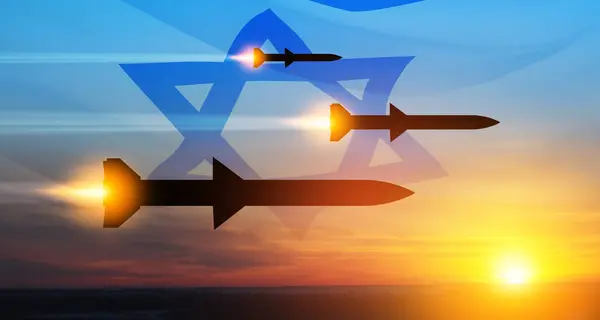 stock image Fired missiles fly to the target. Missiles at the sky at sunset with Israel flag. Missile defense, a system of salvo fire.