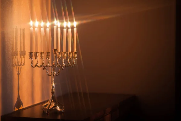 Hanukkah Menorah Hanukkiah Het Licht Van Zon Bij Zonsondergang Voor — Stockfoto