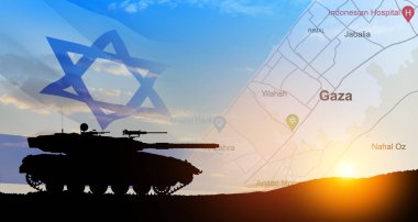 Silhouette of army tank at sunset sky background with Israel flag and map of Gaza. Israeli ground operation in Gaza. clipart