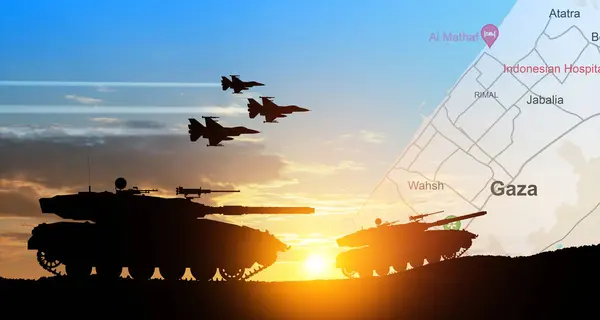 Silhouettes of army tanks and fight planes on background of sunset with map of Gaza. Israeli ground operation in Gaza.