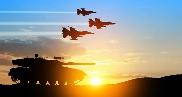 Silhouettes of army tank and fight planes on background of sunset. Military machinery. Independence day.