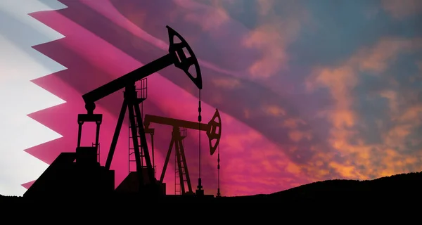 Carriles Perforación Petróleo Campo Petrolífero Del Desierto Con Bandera Qatar — Foto de Stock