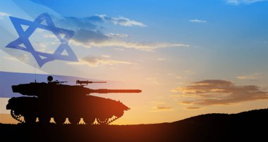 Silhouette of army tank at sunset sky background with Israel flag. Military machinery. clipart