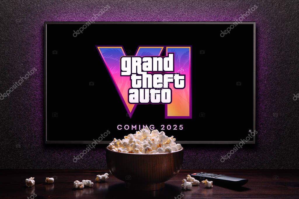 Grand Theft Auto 6 trailer game on TV screen. TV with remote control and popcorn bowl. Astana, Kazakhstan - December 5, 2023.
