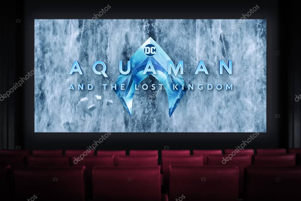 Aquaman and the Lost Kingdom movie in the cinema. Watching a movie in the cinema. Astana, Kazakhstan - December 5, 2023.