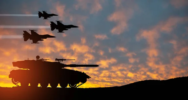 Silhouettes of army tank and fight planes on background of sunset. Military machinery. Independence day.