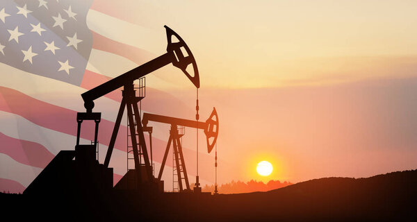 Изменение цен на нефть, вызванное войной. Концепция ограничения цен на нефть. Буровые установки на пустынном месторождении с флагом США. Добыча нефти из земли. Производство нефти.