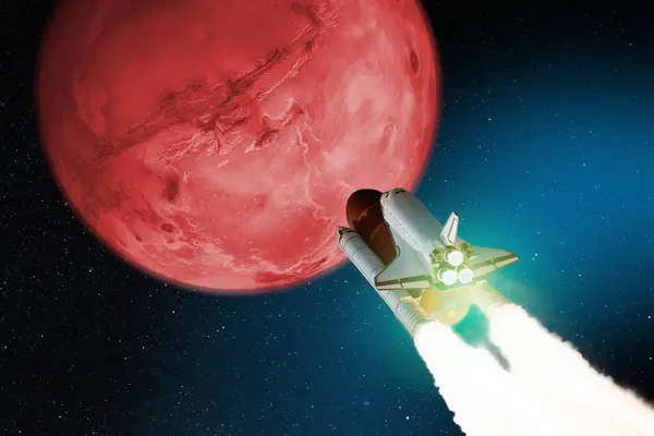Космический Корабль Взлетает Космический Шаттл Взрывом Дымом Взлетает Красную Планету Стоковое Изображение