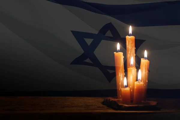 Six Burning Candles Israel Flag Background International Holocaust Remembrance Day Stok Resim
