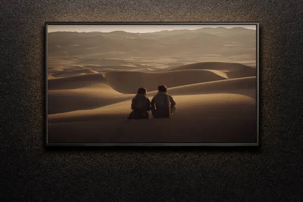 Pantalla Jugando Dune Parte Dos Trailer Película Pared Textura Negra Fotos de stock libres de derechos