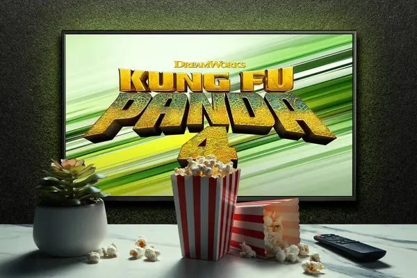 Kung Panda Trailer Eller Film Skärmen Med Fjärrkontroll Popcornlådor Och Royaltyfria Stockfoton