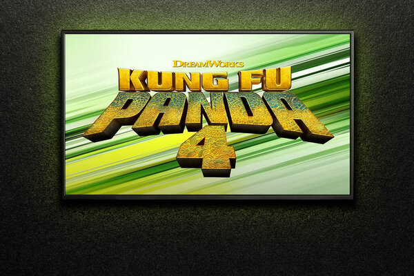 Kung Fu Panda 4 trailer or movie on TV screen. TV on black textured wall. Astana, Kazakhstan - March 22, 2024.