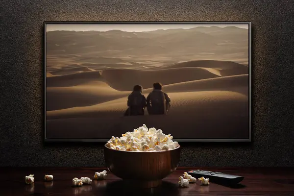 Ekranında Dune Part Two Fragmanı Film Oynanıyor Uzaktan Kumandalı Televizyon Telifsiz Stok Fotoğraflar