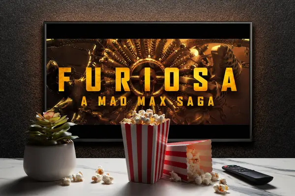 Furiosa Mad Max Saga Fragmanı Ekranındaki Film Uzaktan Kumandalı Televizyon Stok Fotoğraf