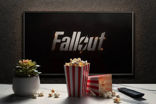 Serie Televisión Estadounidense Fallout Trailer Película Pantalla Televisión Con Control Imagen De Stock