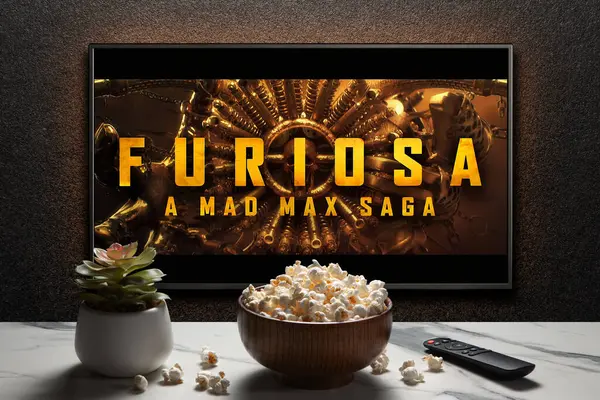 Furiosa Mad Max Saga Trailer Film Scherm Met Afstandsbediening Popcorn Rechtenvrije Stockfoto's
