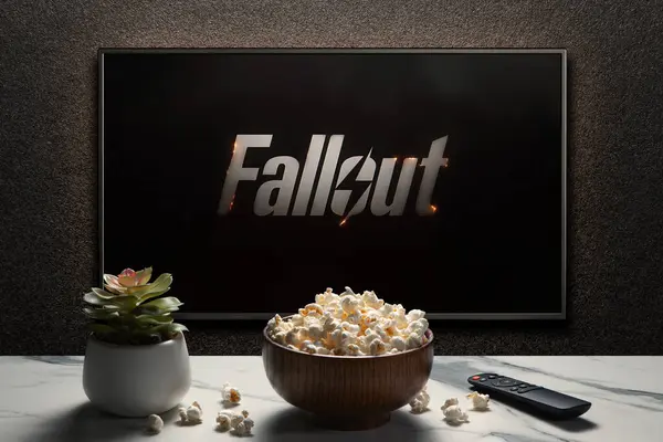 Amerikaanse Televisieserie Fallout Trailer Film Met Afstandsbediening Popcorn Kom Thuisplant Rechtenvrije Stockfoto's