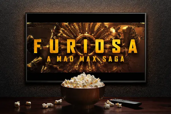 Furiosa Mad Max Saga Trailer Film Scherm Met Afstandsbediening Popcorn Stockafbeelding