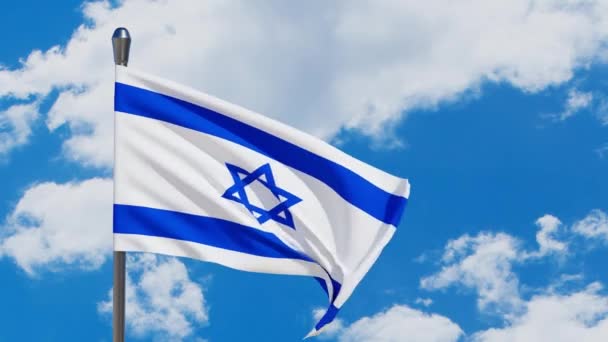 Israel Bandeiras Com Uma Estrela David Sobre Fundo Céu Nublado — Vídeo de Stock