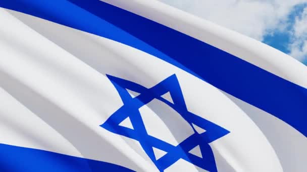 Närbild Israel Flaggor Med Stjärna David Över Molnig Himmel Bakgrund — Stockvideo