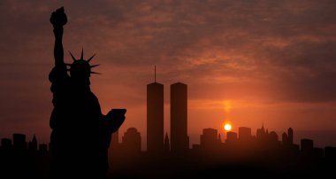 New York silueti, gün batımında İkiz Kuleler ve Özgürlük Heykeli. 09.11.2001 Amerikan Vatanseverlik Günü afişi.