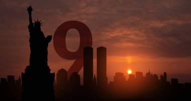 New York silueti, gün batımında İkiz Kuleler ve Özgürlük Heykeli. 9.11 randevu konsepti. 09.11.2001 Amerikan Vatanseverlik Günü afişi.