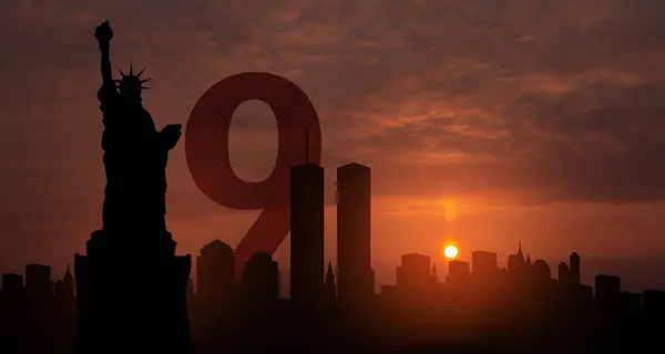 stock image New York skyline silhouette with Twin Towers and The Statue of Liberty at sunset. 9.11 date concept. 09.11.2001 American Patriot Day banner.