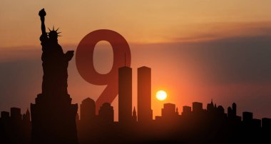 New York silueti, gün batımında İkiz Kuleler ve Özgürlük Heykeli. 9.11 randevu konsepti. 09.11.2001 Amerikan Vatanseverlik Günü afişi.