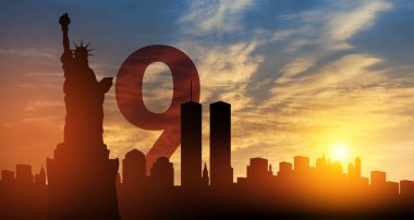 New York skyline silhouette with Twin Towers and The Statue of Liberty at sunset. 9.11 date concept. 09.11.2001 American Patriot Day banner. clipart