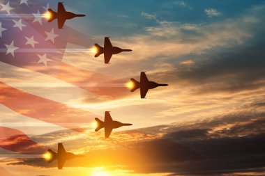 Air Force Day. Aircraft silhouettes on background of sunset with a transparent American flag.