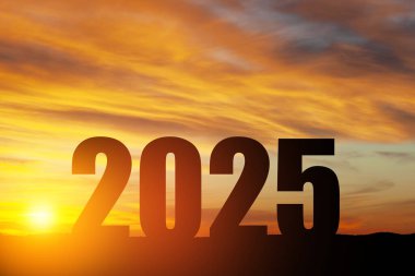 Siluet 2025, dağda gün batımı gökyüzü ve 2025 soyut arkaplan numarası. Başlangıç stratejisi, kazanma, plan, hedef ve hedef kavramı.