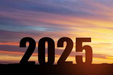 Siluet 2025, dağda gün batımı gökyüzü ve 2025 soyut arkaplan numarası. Başlangıç stratejisi, kazanma, plan, hedef ve hedef kavramı.