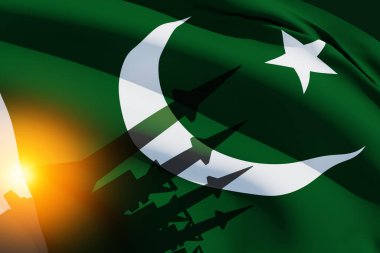 Pakistan bayrağı taşıyan füzeler. Nükleer bomba, kimyasal silahlar, füze savunması, yaylım ateşi sistemi..